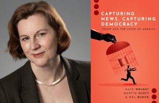 Kate Wright headshot next to her book Capturing News, Capturing Democracy